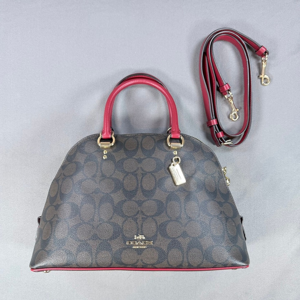 Coach Sierra Satchel Signature Coated Canvas Brown Red 13x9.5 Gold Hardware 2558